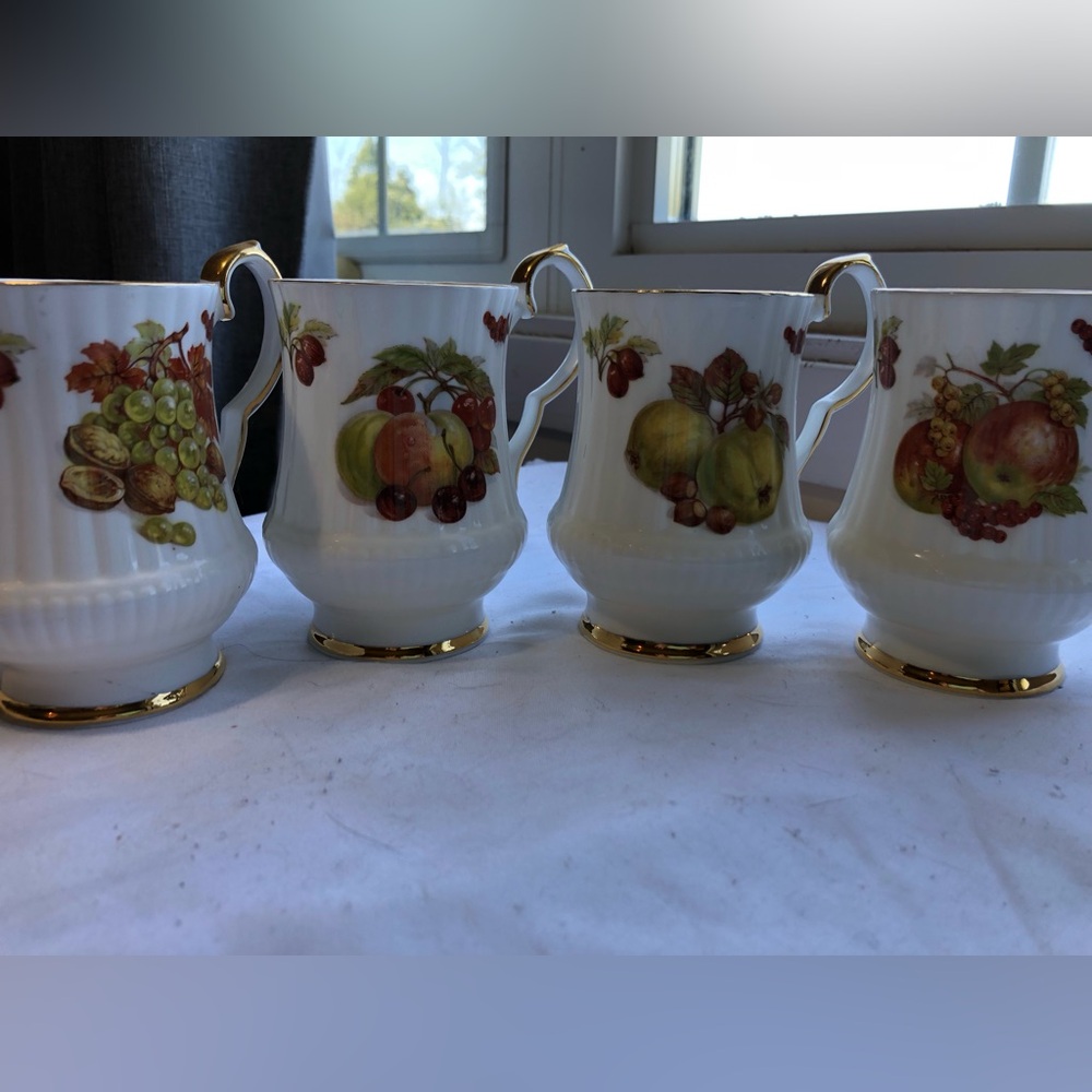 Vintage White Porcelain Fruit Pattern Mug with Gold Trim - Set of 4